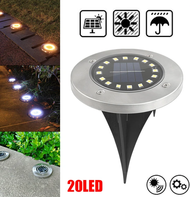 Set of 4 Round Solar Powered Garden LED Lights for Ground Pathway with UV and Water Resistance