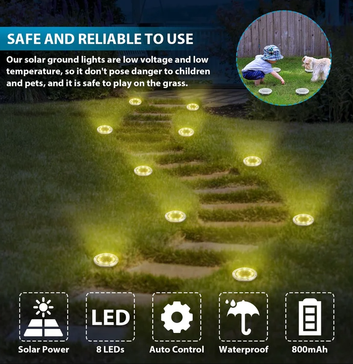 Set of 4 Round Solar Powered Garden LED Lights for Ground Pathway with UV and Water Resistance