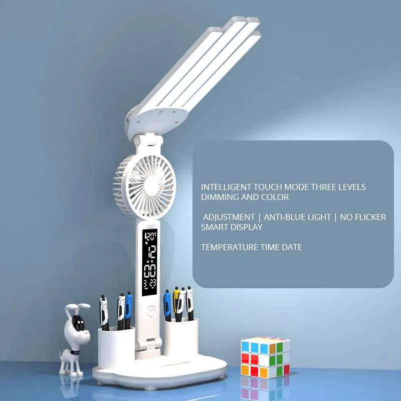 Smart Adjustable LED Desk Lamp with Fan, Touch Control, Time Date & Temperature Display