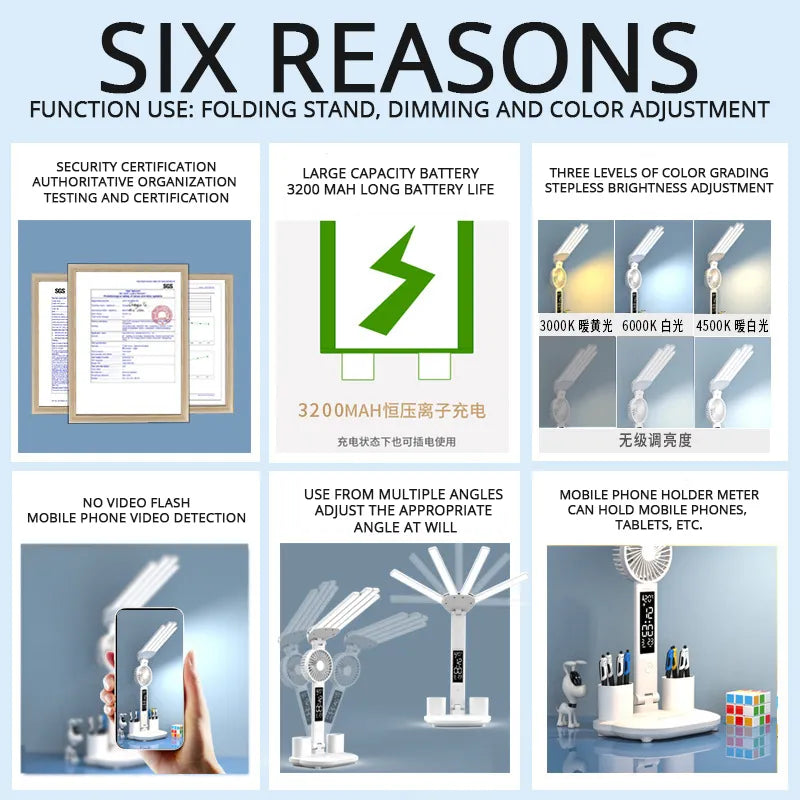 Smart Adjustable LED Desk Lamp with Fan, Touch Control, Time Date & Temperature Display