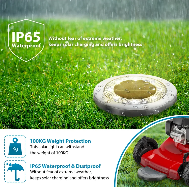 Set of 4 Round Solar Powered Garden LED Lights for Ground Pathway with UV and Water Resistance