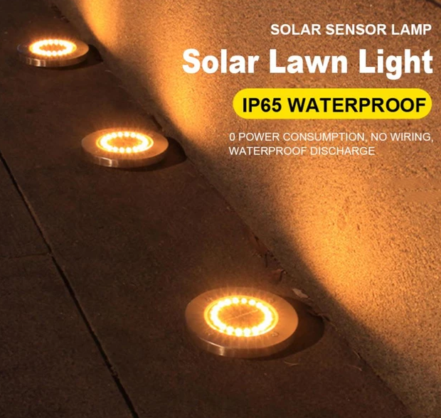 Set of 4 Round Solar Powered Garden LED Lights for Ground Pathway with UV and Water Resistance