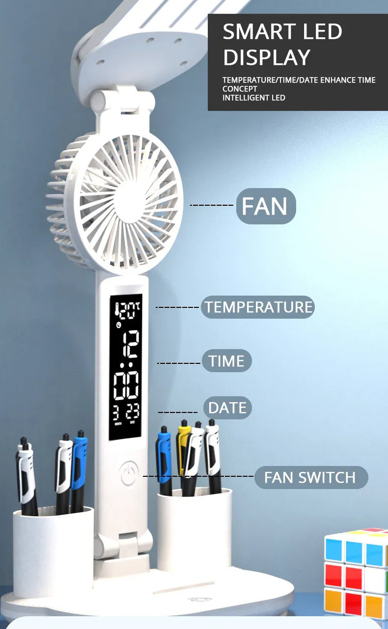Smart Adjustable LED Desk Lamp with Fan, Touch Control, Time Date & Temperature Display