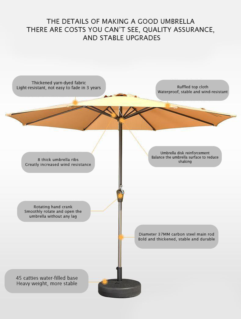 Heavy-Duty 2.7 meter Outdoor Patio Umbrella with Base and Rotating Crank - 270 cm x 198 cm x 245 cm