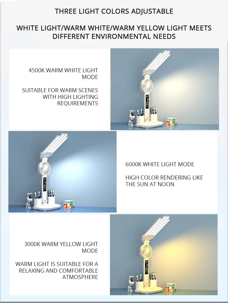 Smart Adjustable LED Desk Lamp with Fan, Touch Control, Time Date & Temperature Display