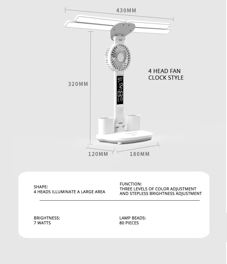Smart Adjustable LED Desk Lamp with Fan, Touch Control, Time Date & Temperature Display
